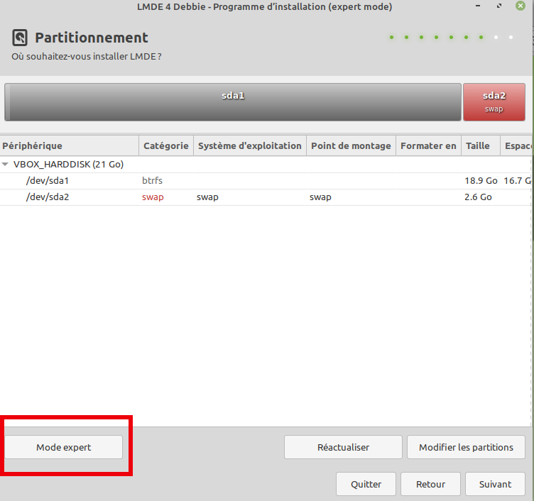Fenêtre LMDE 4 Debbie, une partition btrfs et une autre swap, le bouton mode expert est encadré en rouge