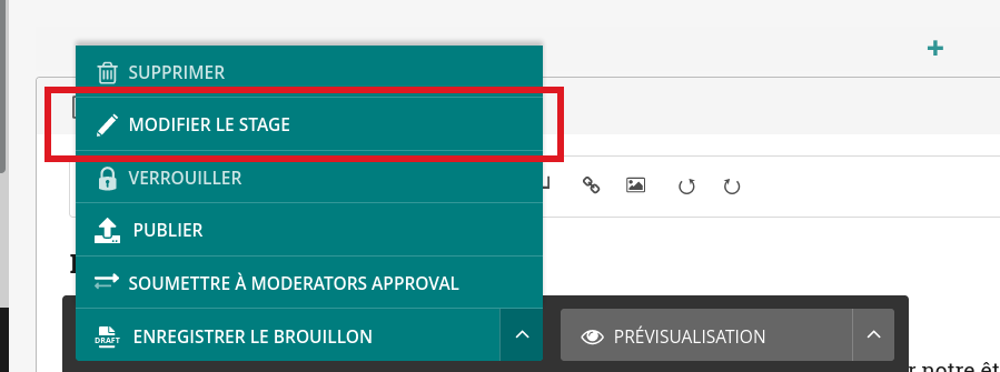 Menu déroulant, en deuxième position le texte «Modifier le stage» est encadré en rouge