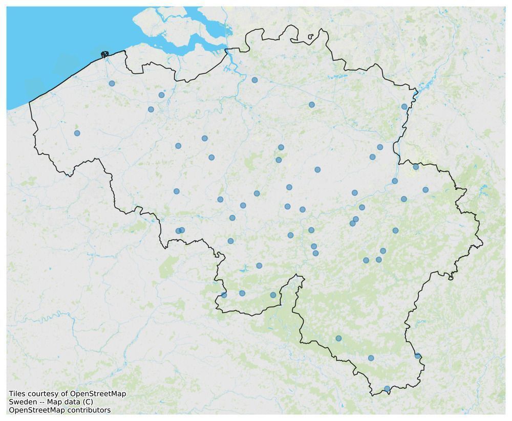 Figure 1 : Carte de la belgique avec des plusieurs coordonnées en bleu situées dessus